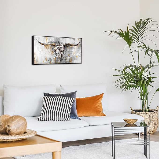 KREATIVE ARTS Vintage Bull Skull Canvas Wall Art 20x40 Inch Longhorn Head Print with Black Frame Rustic Cow Skull Painting for Farmhouse Living Room Bedroom Western Country Wildlife