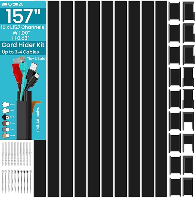 Black Cord Cover Wire Hider - 157in Large Cable Concealer, Cord Hider for Wall Mount TV, Cable Raceway Kit, Extension Cord Cover Indoor, Electrical Wire Cover, Cable Management Wall, Wire Molding