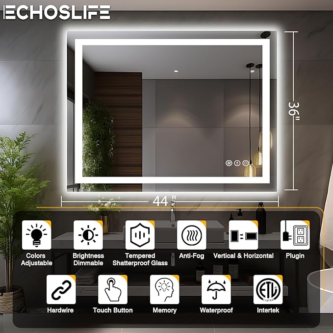 44"x36" LED Light Mirror for Bathroom (Front and Backlit), Anti-Fog Bathroom Vanity Mirror, Stepless Dimmable Lighted Mirror, Tempered Glass, Memory (Horizontal/Vertical)