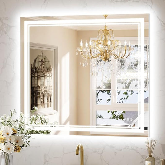Keonjinn LED Bath Mirror 40” x 36” with Frontlit and Backlit, Stepless 3 Colors Temperature & Dimmable Vanity Mirror, UL Listed LED Driver, Double Light Strips, Anti-Fog Wall Mirror with Lights