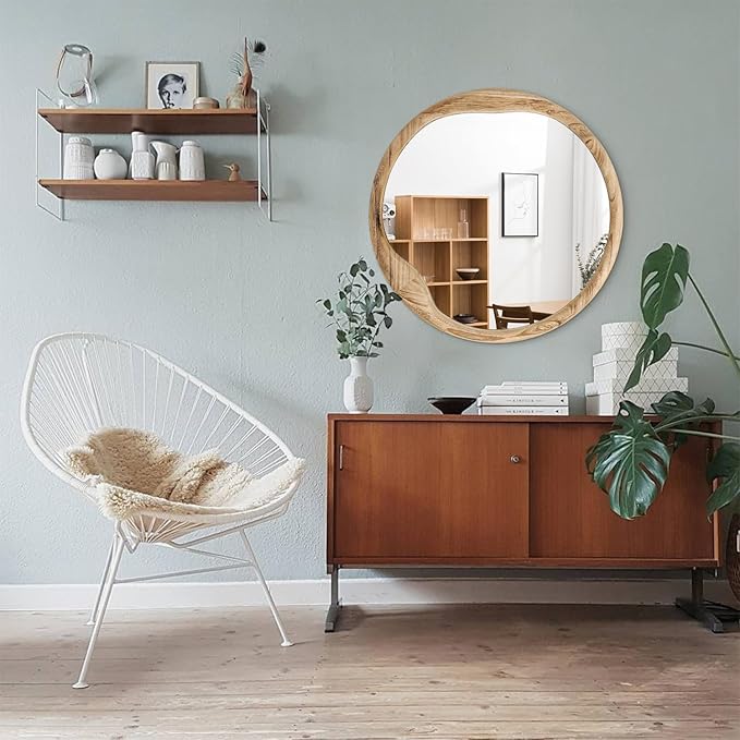 AOAOPQ Bedroom Unique Vanity Mirror Shaped Dressing Mirror 28" Beige Round Drum Wood Mirror for for Wall Entryway Living Room Frame for Home Decor