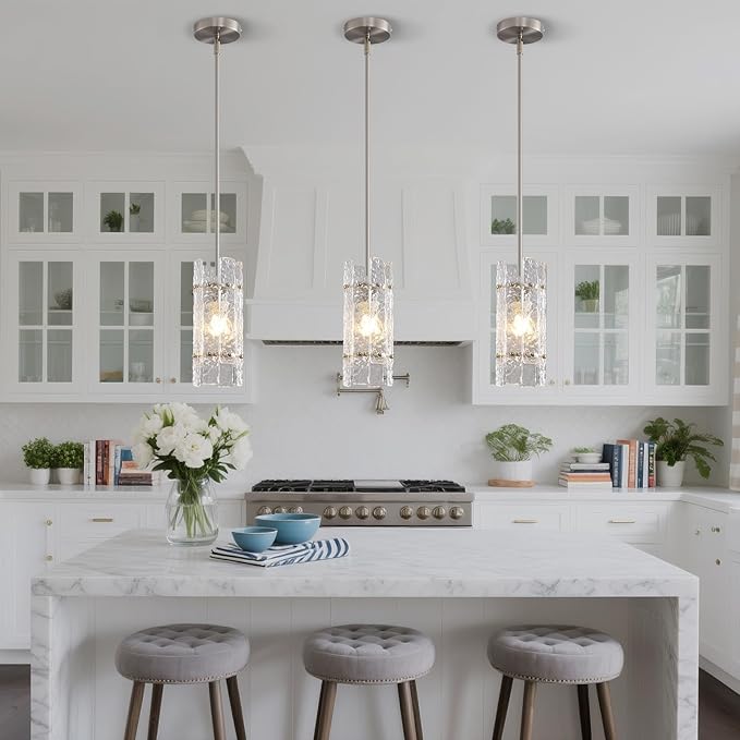 Modern Brushed Nickel Crystal Pendant Light for Kitchen Island, Luxury Mini Water Ripple Glass Chandelier Fixture, Round Adjustable Hanging Pendant Lighting for Dining Room Bedroom Hallway (1-Pack)