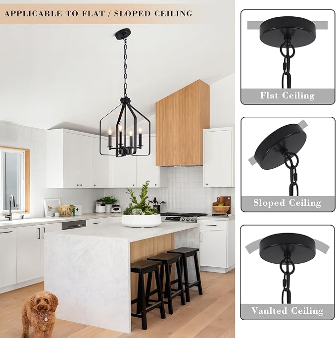 4-Light Black Farmhouse Chandelier, Geometric Industrial Cage Pendant Light, Adjustable Rustic Fixture for Dining Room, Kitchen Island, Entryway & Bedroom