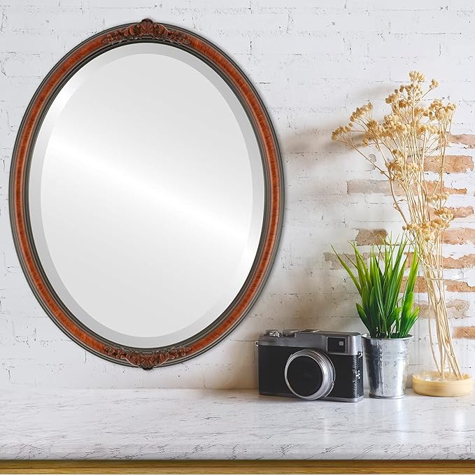 OVALCREST Oval Beveled Wall Mirror for Home Decor - Contessa Style - Vintage Cherry - 18" x 14"