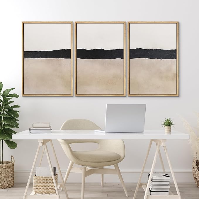 MUDECOR Framed Wall Art Print Set Minimalist Abstract Black Horizontal Brushstroke Illustrations Modern Art Boho Decorative Colorful Chic for Living Room, Bedroom, Office - 24"x36"x3 Natural