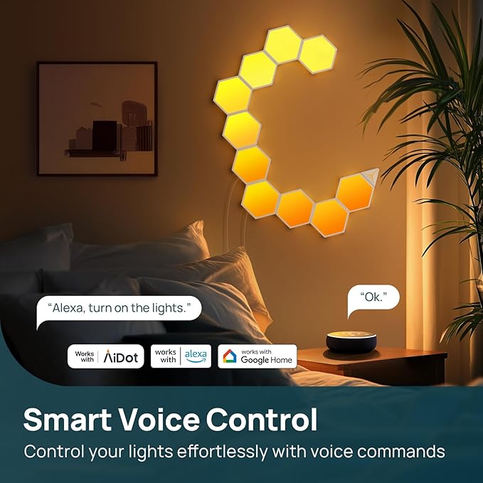 Linkind Smart Hexagon Lights, RGB LED Wall Light Panels with Music Sync, Gaming Light Compatible with Alexa and Google Home, DIY Wall Decor for Gaming Room, Home Theater, Bedroom, 7 Pack