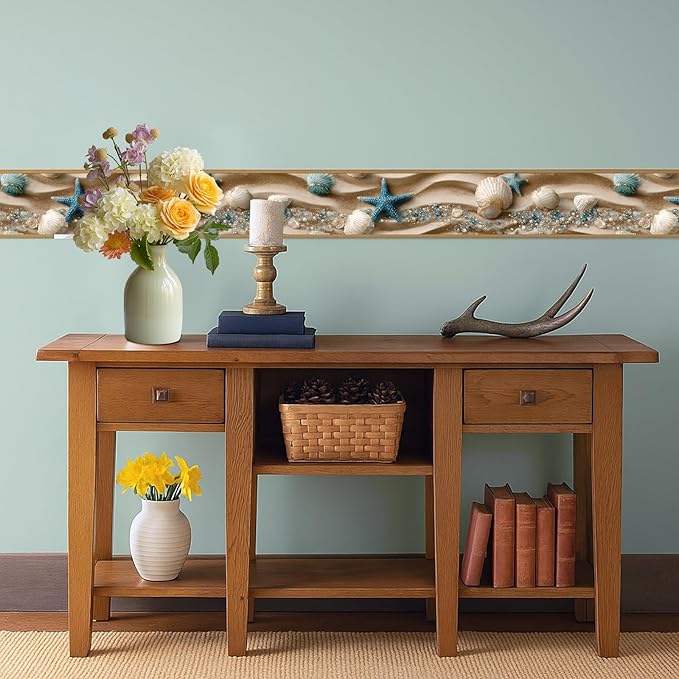 Beach Seashell Wallpaper Border 196x4 Inch Peel and Stick Wall Border Self Adhesive Ocean Starfish Removable Vinyl Trim for Living Room Bedroom Bathroom Kitchen Cabinet Decoration