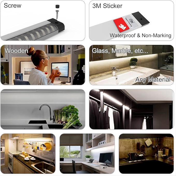 LED Under Cabinet Lighting Touch Under Cabinet Lights Built-in Adjustable Cable & External Cable 3 Panel Under Counter Lights for Kitchen 12W 1350Lm 3000K Warm White Closet Light for Timer