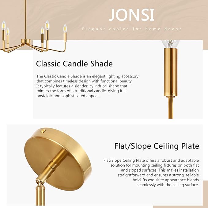 Jonsi Gold Chandelier - 26" Modern Brushed Brass Chandelier Light Fixture 6 Light Industrial Candle Lighting Hanging Ceiling for Living Dining Room, Kitchen Island