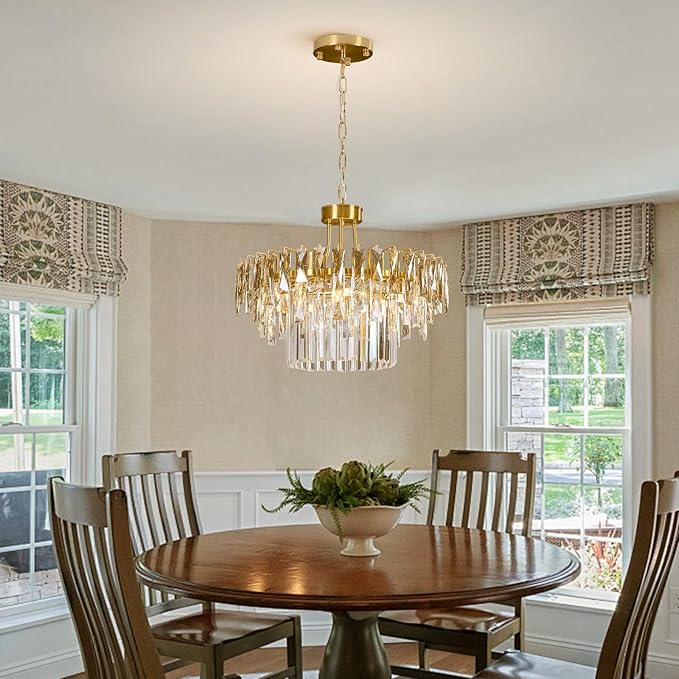 Modern Gold Round Crystal Dining room Chandelier - 19.7'' Luxury Raindrop K9 Crystals Chandeliers,Contemporary 3 Tier Ceiling Light Chandelier for Living room Bedroom Foyer Entryway (Include bulbs)