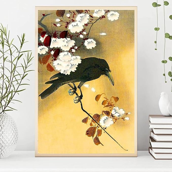 OZCONO Japanese Crow and Cherry Blossoms Wall Art Print, Vintage Ukiyo-e Style, Unframed Gallery Quality Giclée (36L x 24W)