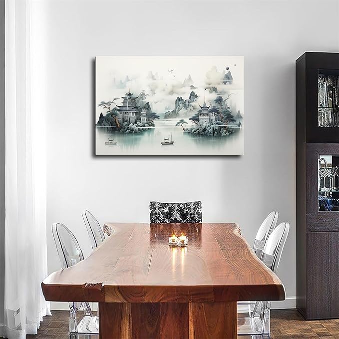 Oriental Inspired Traditional Chinese Landscape Painting Poster Canvas Wall Art Picture Print Modern Home Bedroom with Frameless Decor (Framed,08×12inch)