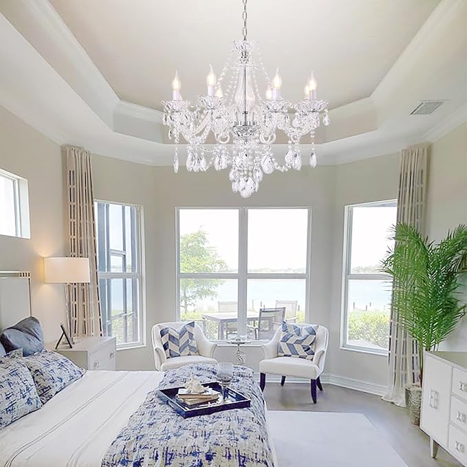 12-Light Contemporary Crystal Chandelier for Living Room, Double Layer Ceiling Light Fixture with Clear Crystals for Dining Room Hallway Staircase, E12 Base (Clear 12)