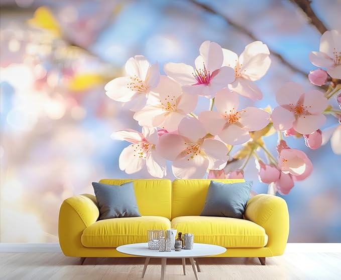 Japanese Mural Wallpaper, Cherry Blossoms Murals, Japanese Flowers Murals, Large Wallpaper for Living Room Bedroom Kids Room Home Decor Mural (Not Peel Stick)
