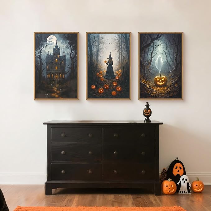 Ausril Halloween Moon Castle Framed Canvas Wall Art Set, Scary Dark Forest Witch Wall Decor, Cute Ghost Wall Painting, Pumpkin and Bats Art Prints for Gothic Party, living room, Club -24"x36"x3