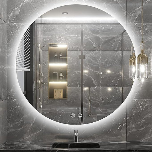 30 Inch Round LED Bathroom Mirror - 6000K Daylight Backlit, Anti-Fog & Dimmable, Frameless Waterproof Mirror with Touch Control, CRI90+, IP54 for Vanity & Makeup