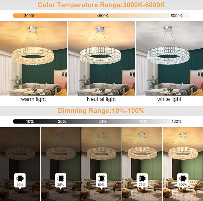 Led Ring Crystal Chandelier, Modern Dimmable Chandeliers Lighting and Hanging Adjustable, LED Round Ceiling Light for Dining Room Living Room 24" Silver