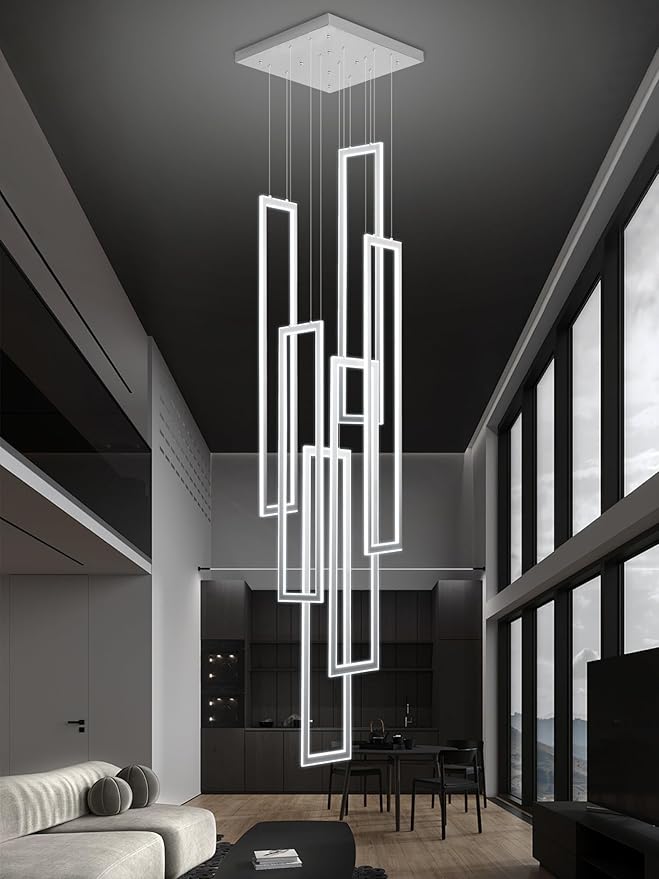 6-Rings Modern Chandelier,H138 Rectangle Chandeliers for Staircase,LED Dimmable High Ceiling Chandeliers Large Contemporary Chandelier for Villa Foyer Chrome