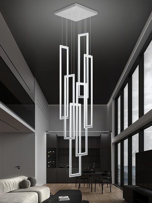 6-Rings Modern Chandelier,H138 Rectangle Chandeliers for Staircase,LED Dimmable High Ceiling Chandeliers Large Contemporary Chandelier for Villa Foyer Chrome