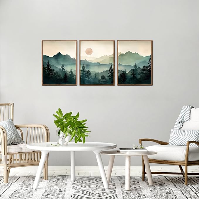 LHIUEM Boho Mountain Framed Canvas Set Forest Pine Tree Decor Mountain Cabin Framed Art Nature Sunrise Wilderness Landscape Art Painting Boho Decor Wall for Living Room Bedroom Dining Room Office