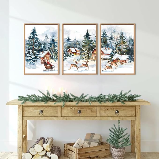 Christmas Santa Sleigh Deer Framed Canvas Wall Art Set, Reindeer Design Decor, Winter Snow Forest Tree Wall Painting, Christmas Art Print for Living Room, Bedroom, Office 16"x24"x3