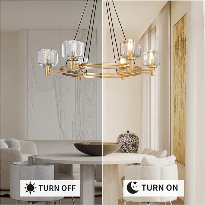 Modern Round Crystal Chandelier, 36in Large Gold Farmhouse Chandeliers for Dining Room, Light Fixtures Over Table, 6-Light Pendant Lighting Fixture for Living Room Bedroom Kitchen Island