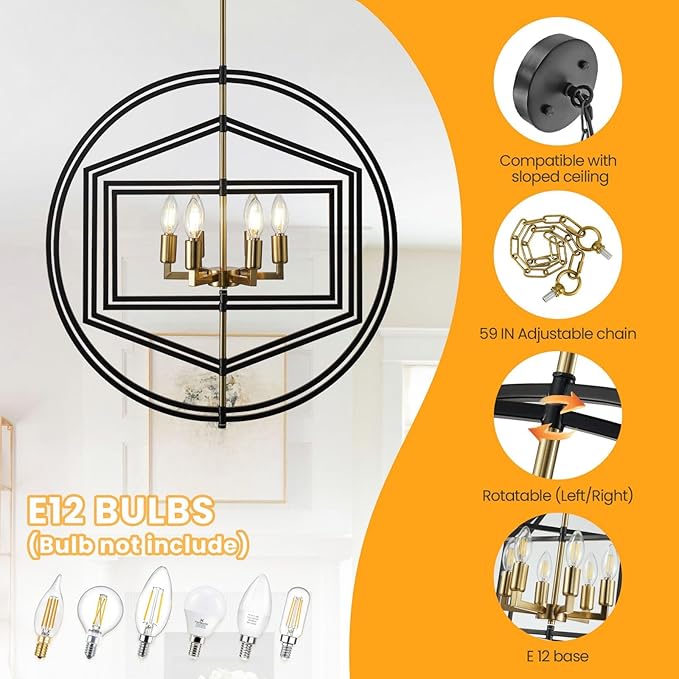 26 Inch Black and Gold Chandelier, 6-Light Farmhouse Chandelier for Entryway, Industrial Foyer Lighting Fixtures, Large Chandeliers for High Ceilings, Modern Hanging Pendant Lights for Staircase