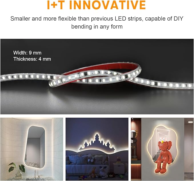 LED Strip Lights 32.8 Foot AC 110V LED Lights Cuttable Rope Light Adhesive Flexible Tape Lighting 10M 6000K Cold White IP67 Waterproof for Kitchen Cabinet Lighting