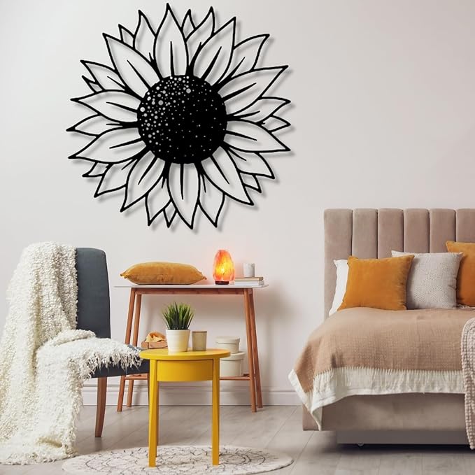 3D Sunflower Wall Art, Flowers Home Decor - Metal Wall Art (23.6"Wx23.6"H/ 60x60 cm, Black) - Housewarming Gift