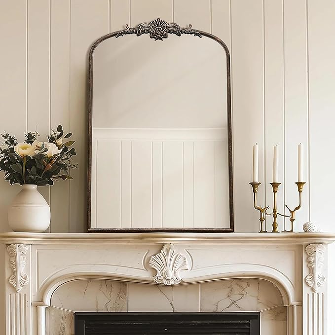 Antique Baroque Arched Mirror: 24"x36" Arch Black Vintage Wall Mounted Mirror - Traditional Ornate Home Decor for Entryway/Fireplace/Bathroom - Idea for Young Couples
