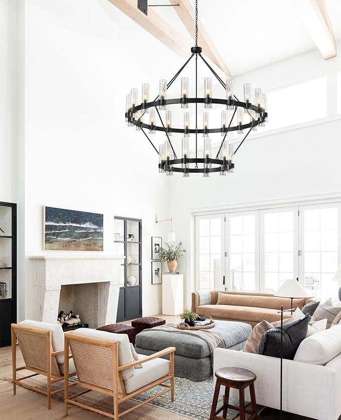 60" Black Chandelier, 2 Tier Wagon Wheel Chandelier with Glass Shade, 30-Lights Large Round Modern Farmhouse High Ceilings Pendant Lighting Fixture for Dining Room, Living Room, Kitchen, Foyer