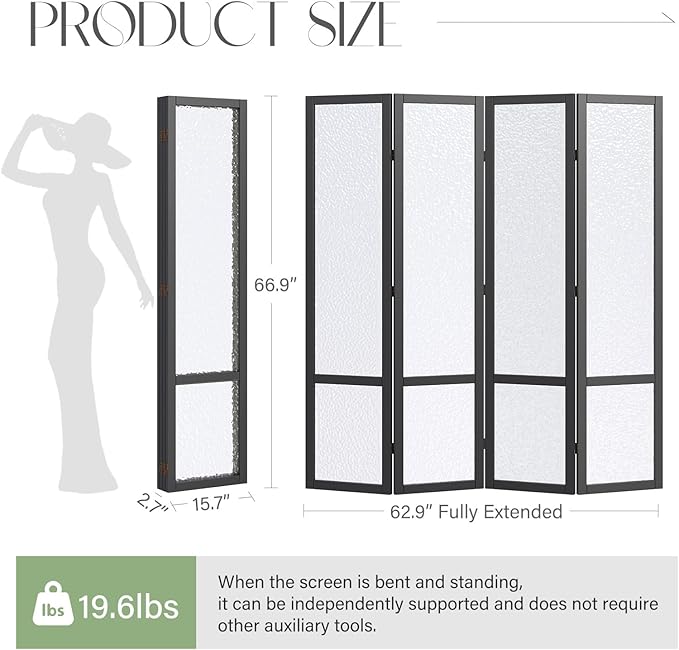 Acrylic Room Divider,4-Panel Freestanding Partition Screen, Frosted Translucent Privacy Panel - Lightweight Modern Divider for Home Office Studio (Black, 4 Panels)