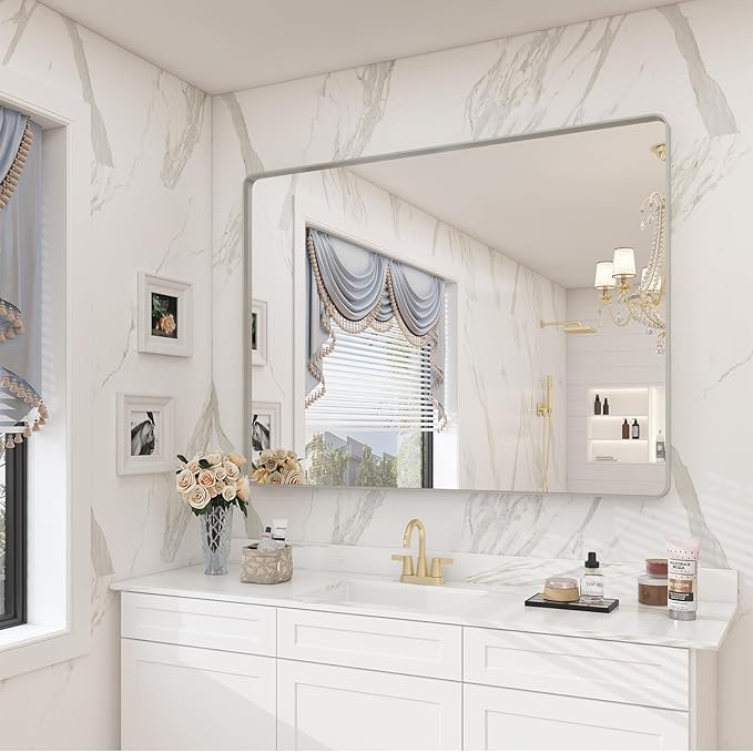 40x30 Silver Brushed Bathroom Mirror for Wall, Brushed Metal Framed Bathroom Vanity Mirror, Modern Rectangle Mirror, Rounded Corners, Shatterproof (Horizontal/Vertical)