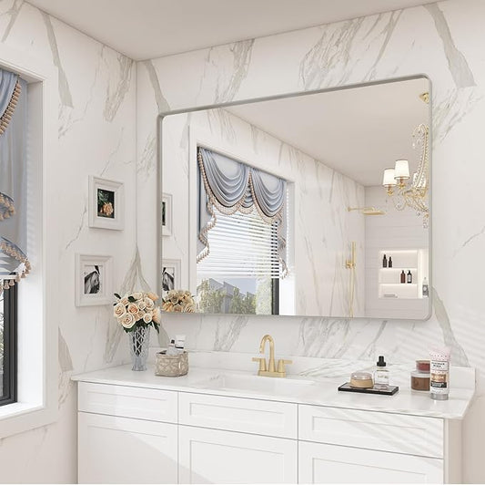 40x30 Silver Brushed Bathroom Mirror for Wall, Brushed Metal Framed Bathroom Vanity Mirror, Modern Rectangle Mirror, Rounded Corners, Shatterproof (Horizontal/Vertical)