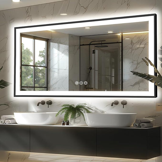 60x28 Bathroom LED Mirror, Black Aluminum Edge Lighted Mirror, 3 Colors Stepless Dimmable Vanity Mirror, Skincare, Anti-Fog, Shatter-Proof, ETL Listed, Memory Smart Mirror(Horizontal/Vertical)