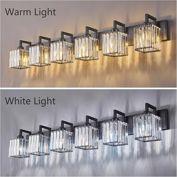 Black Bathroom Light Fixture, 6-Light Crystal Vanity Lighting, Bathroom Lighting Fixtures Over Mirror, Modern Crystal Wall Lamp