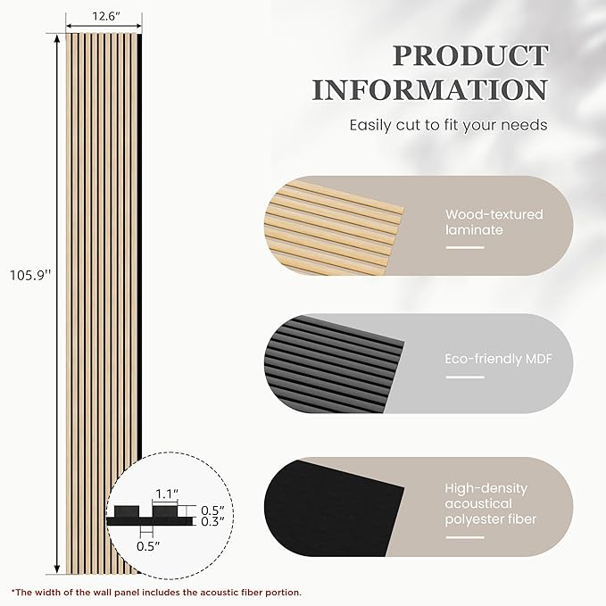 4 Pack 105.9" x 12.6" x 0.8" Acoustic Wall Panels Sound Absorbing, Wood Slat Wall Panels for Wall Decor, Soundproof Wood Wall Panels, Rustic Oak