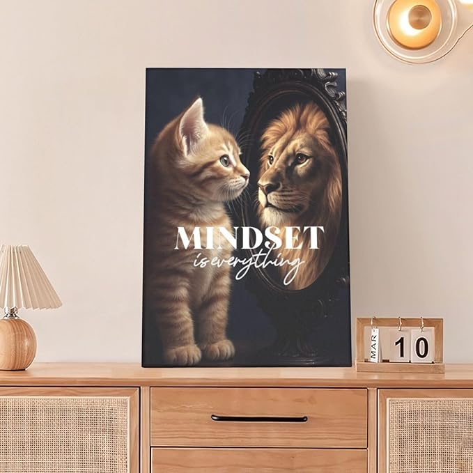 Motivational Lion And Cat Wall Art For Kids Mindset Is Everything Nursery Canvas Wall Decor Inspirational Pictures Paintings Prints Artwork Framed Decorations For Children's Room Bathroom Bedroom Living Room Office Gifts 16" x 24"