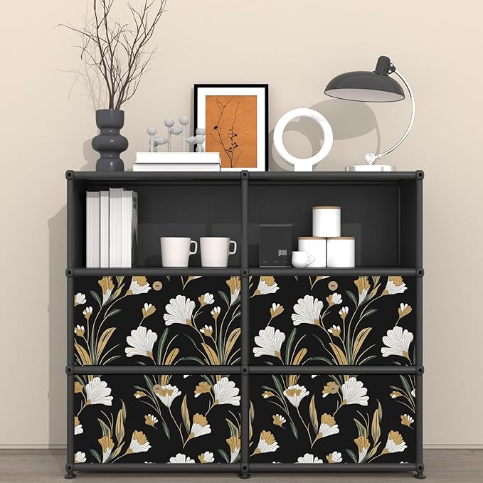 Black Gold Peel and Stick Wallpaper White Floral Contact Paper 17.5in x 118in Dark Vintage Plants Lines Flower Self Adhesive Waterproof Removable for Room Shelves Cabinet Drawer Table Decor