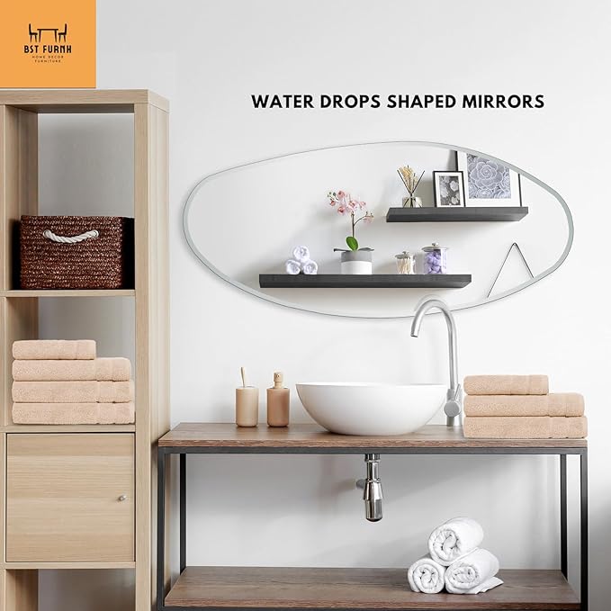 BST FURNH Water Drop Mirror 47x23 Inch - Full Length Frameless Mirror, Unique Irregular Design for Bedroom & Bathroom