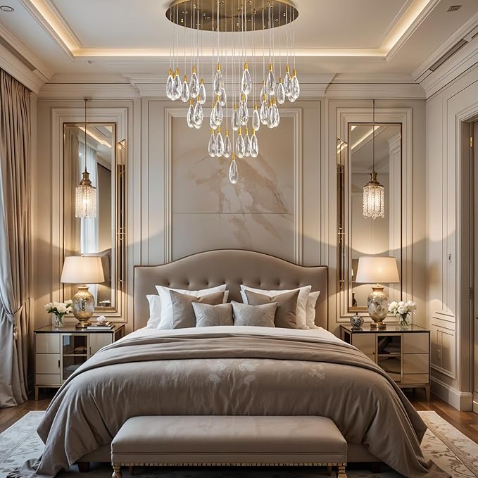 189" Luxury Long Crystal Chandelier, 43-Light Modern Gold Raindrop Staircase Chandelier, Contemporary 4000K Dimmable Flush Mount Light Fixture for Foyer, Entryway, Living Room, High Ceilings