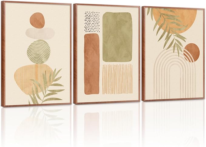 LHIUEM Mid Century Modern Decor Neutral Canvas Wall Art Set of 3(12”X16”) Large Geometric Pictures Boho Art Prints Bohemian Framed Decor Midcentury Modern Wall Art for Dining Room Living Room Bedroom