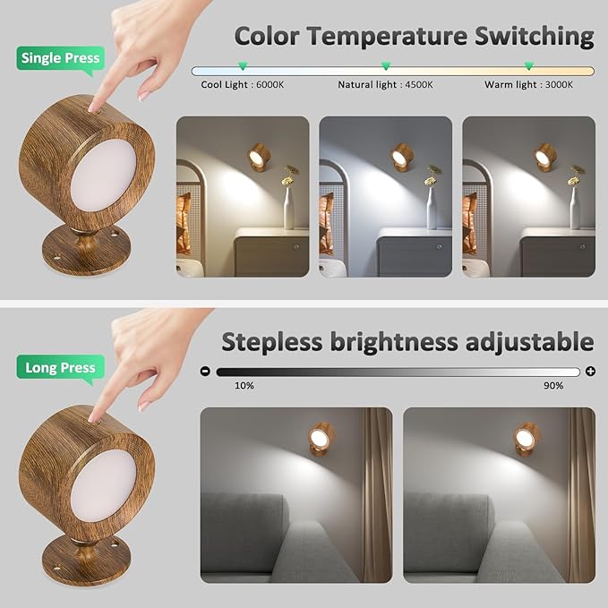 Lightbiz LED Wall Lights, Wall Sconces 3 Pcs with Remote Rechargeable Battery Operated, 3 Color Temperatures & Dimmable Wall Lamp Magnetic 360° Rotation Light for Bedroom Living Room