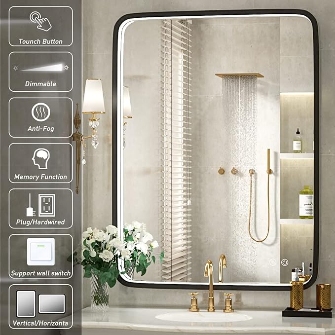 36x28 Inch LED Bathroom Mirror with Light,Black Metal Frame Lighted Vanity Mirror, Anti Fog Design&Dimmable&Touch Switch,Large Wall Mounted Makeup Mirror (Horizontal/Vertical)