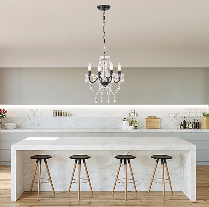 LaLuLa White and Black Chandelier Small Acrylic Crystals Chandeliers Modern 4 Light Pendat Lighting for Kitchen and Dining Room