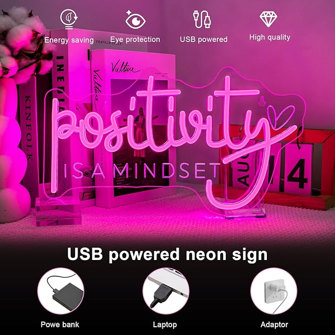 Lucunstar Pink Neon Sign Positivity is a mindset Dimmable LED Inspirational Light Up Signs for Wall Decor USB Powered Neon Light for Home Room Office Gym School Classroom