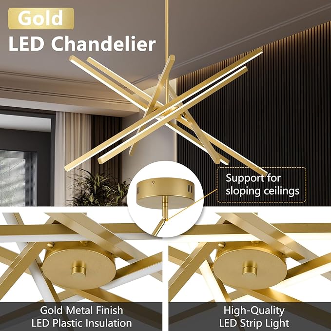 Modern Gold Chandelier Light Fixtures - LED 6-Lights Dining Room Linear Chandeliers Pendant Lights Fixture Over Table 3000K 4500K 6000K 3-Color Dimmable for Kitchen Island Living Room