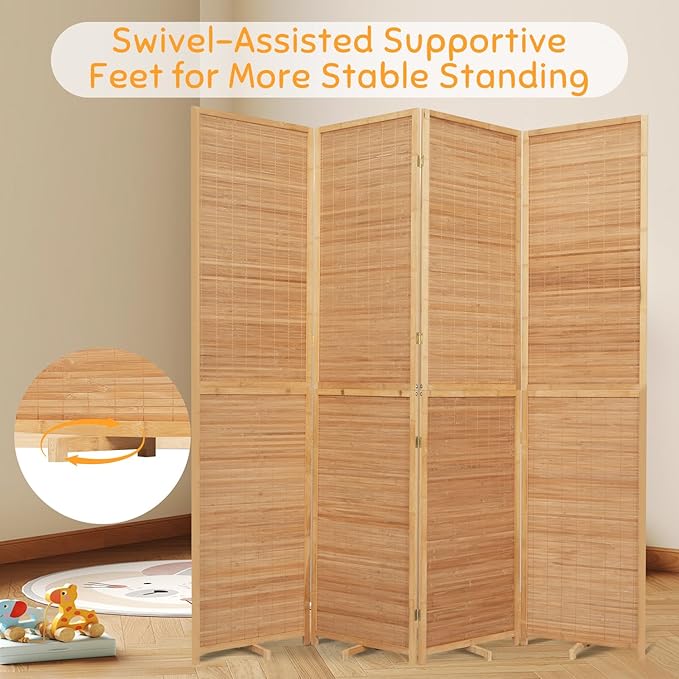 Bamboo Room Divider Folding Privacy Screens, Wall Divider for Room Separation, Portable Room Partitions and Dividers, 5.6FT Bamboo Mesh Woven Room Divider Panel (Brown, 4 Panel)