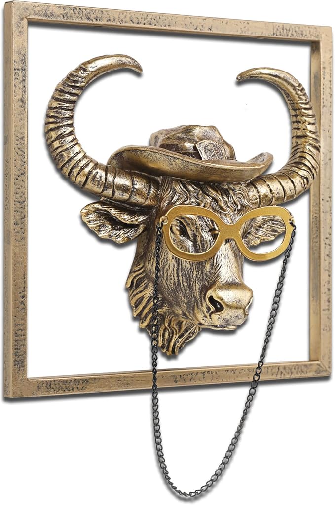 JJALIGHTS Exquisite Resin Animal Head Wall Sculpture (Gift Metal Frame) - Imitation Copper Vintage Decor for Living Room, Bedroom & Office | Decorative Wall Hanging Art (Bison)
