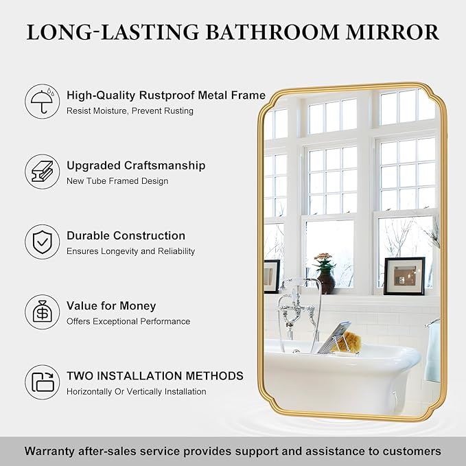 30"x48" Gold Bathroom Mirror for Wall, Large Brass Gold Bathroom Vanity Mirror for Over Sink, Rounded Rectangle Mirror in Premium Iron Metal Frame Hangs Horizontal Or Vertical